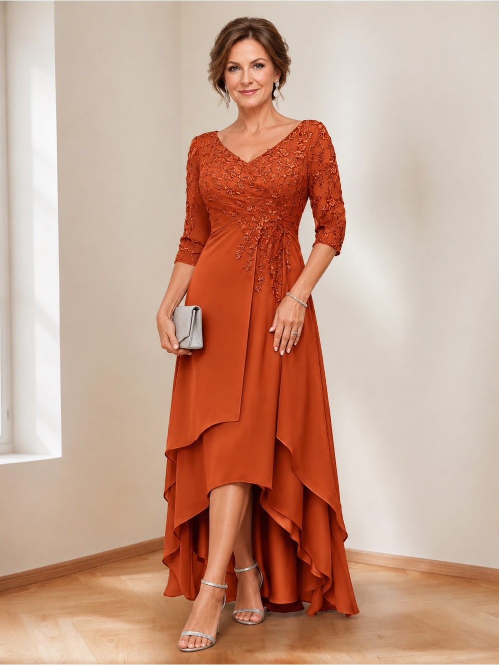 Lavetir burnt orange chiffon A-line dress half sleeve mother of bride size 16